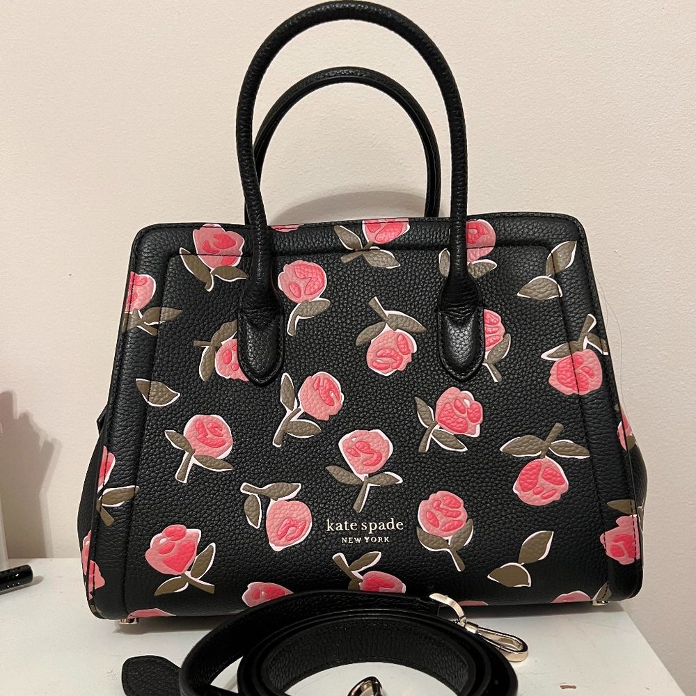 Kate Spade Medium Knot Black Leather Bag With Roses NWOT